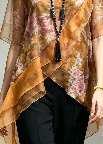 Elegant Yellow Asymmetrical Patchwork Chiffon Top Summer