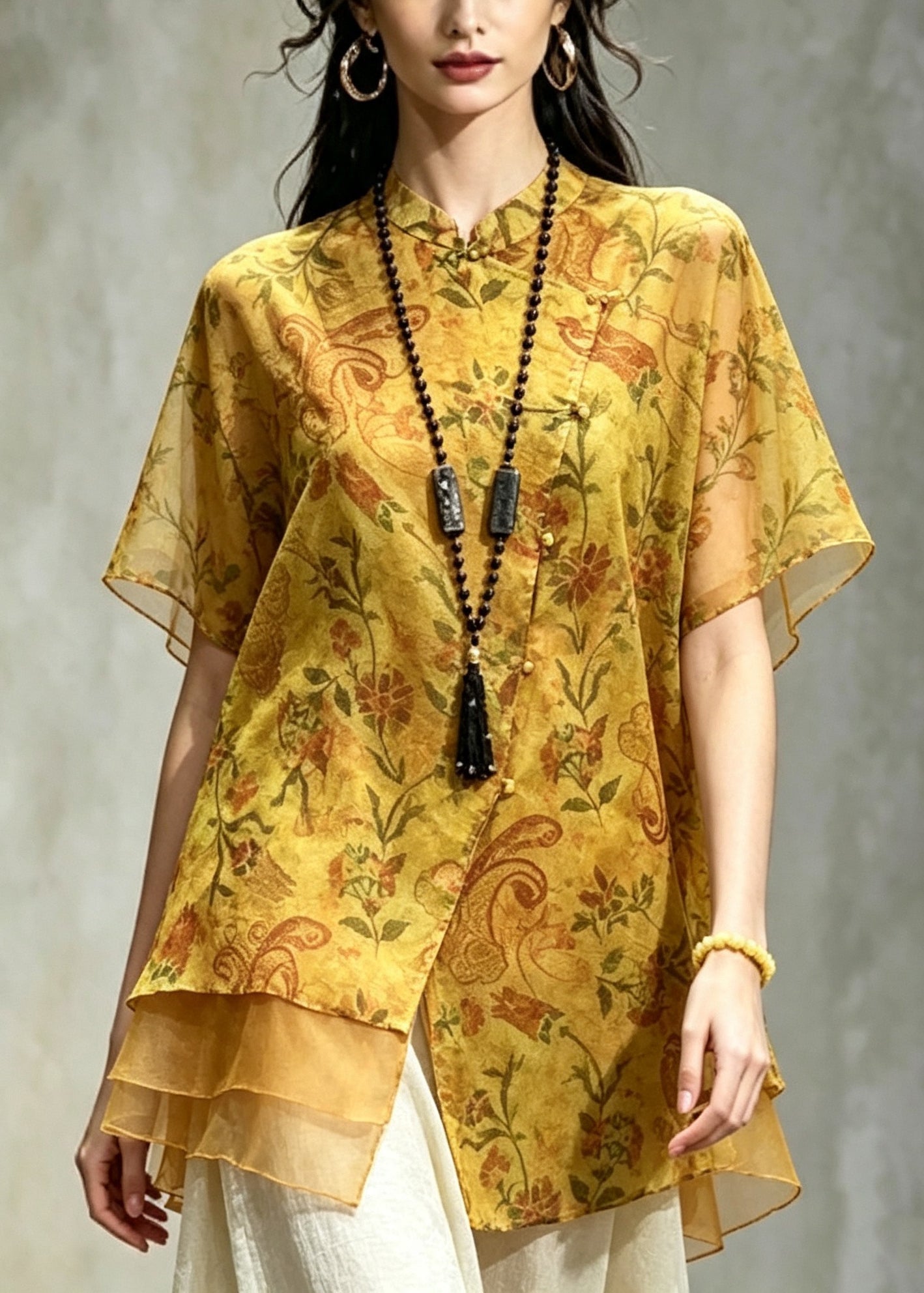 Elegant Yellow Asymmetrical Print Silk Shirt Top Summer