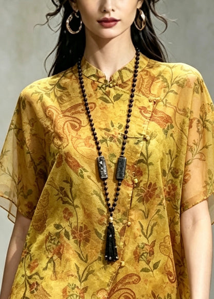 Elegant Yellow Asymmetrical Print Silk Shirt Top Summer