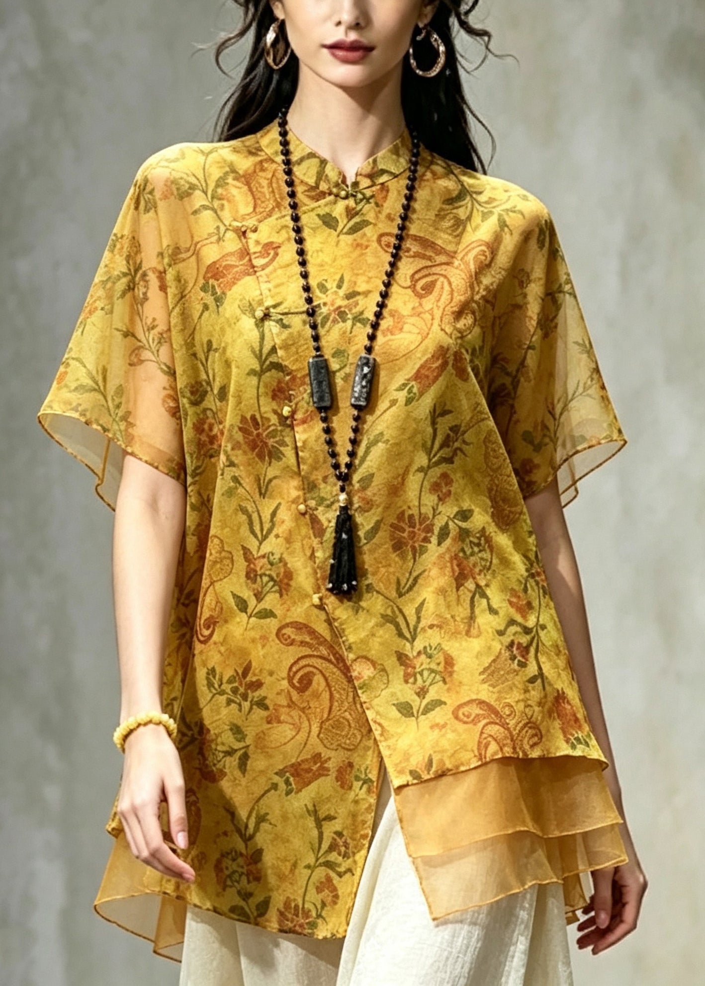 Elegant Yellow Asymmetrical Print Silk Shirt Top Summer