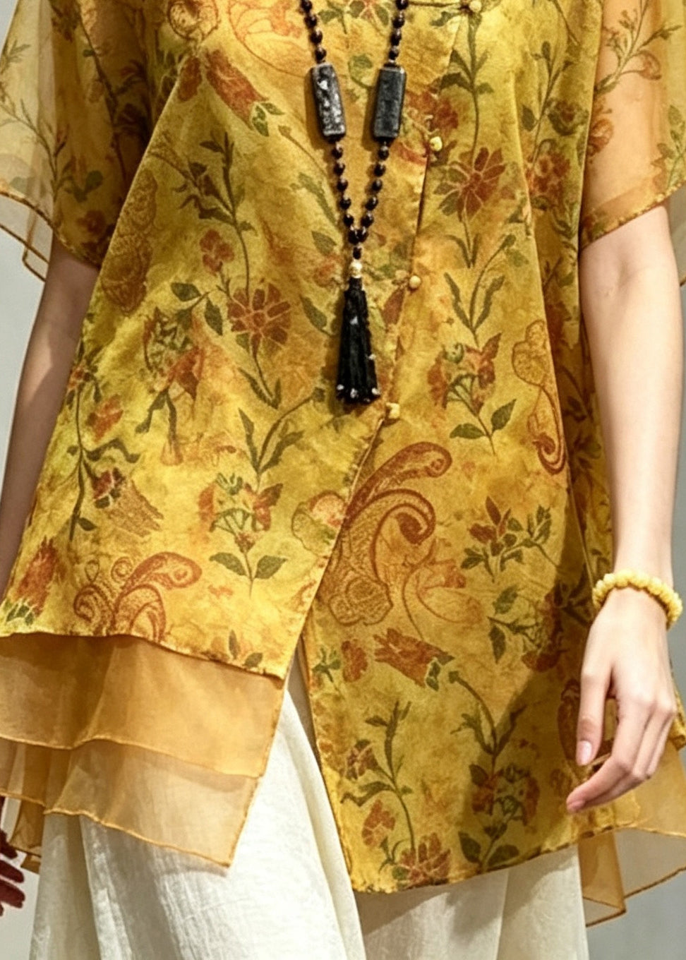 Elegant Yellow Asymmetrical Print Silk Shirt Top Summer