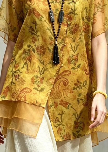 Elegant Yellow Asymmetrical Print Silk Shirt Top Summer