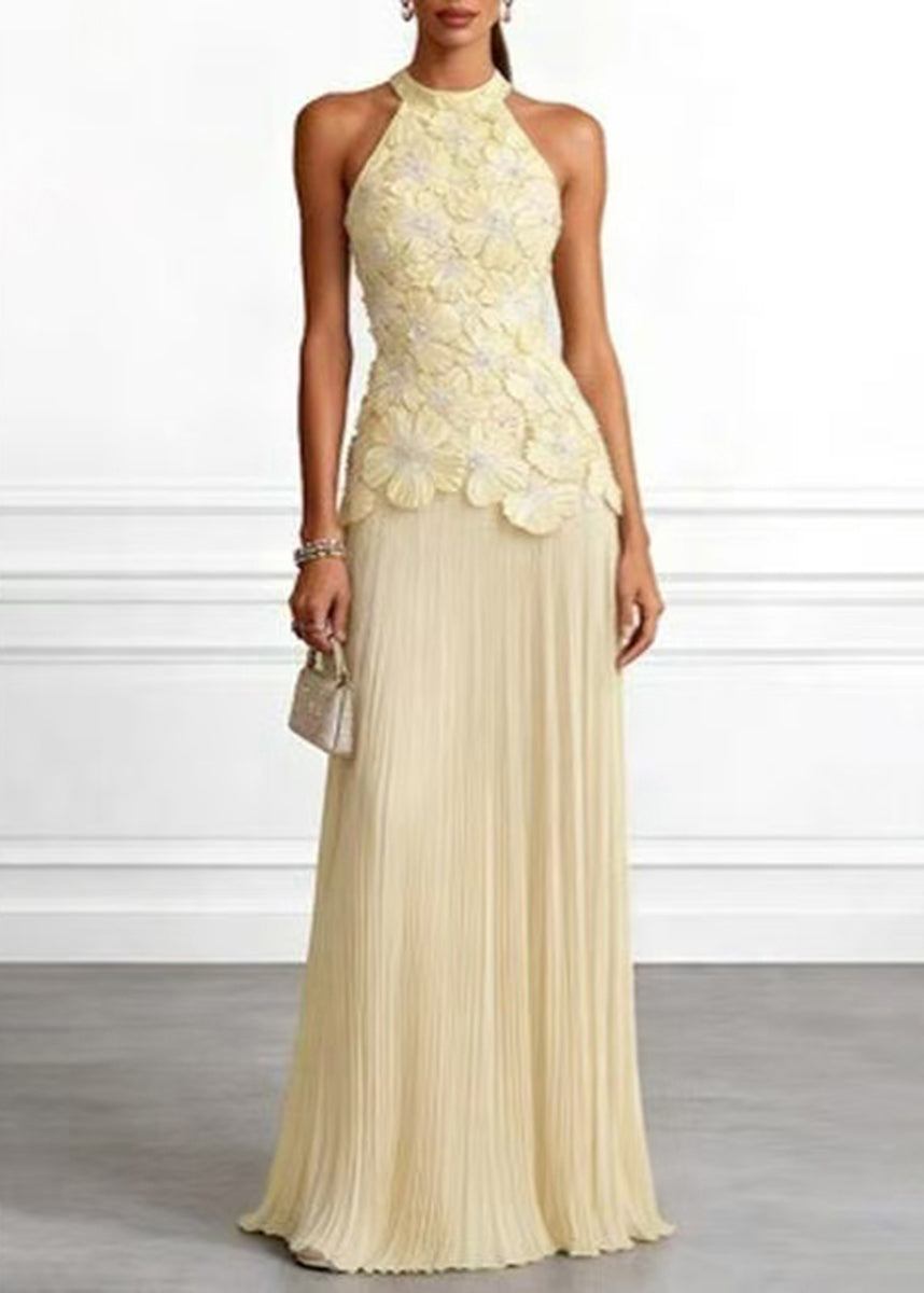 Elegant Yellow Halter Stereoscopic Floral Wrinkled Maxi Dresses Sleeveless