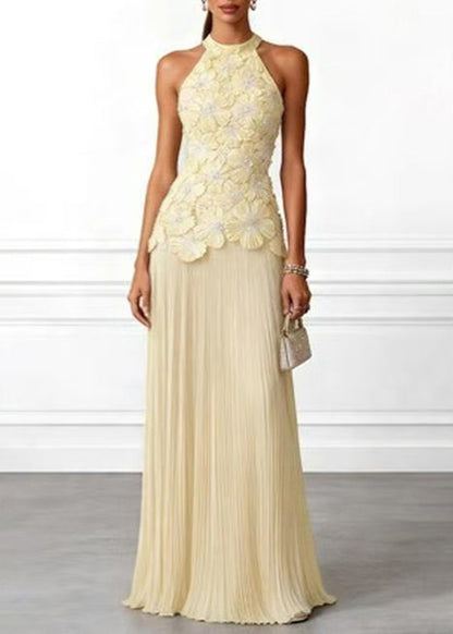 Elegant Yellow Halter Stereoscopic Floral Wrinkled Maxi Dresses Sleeveless