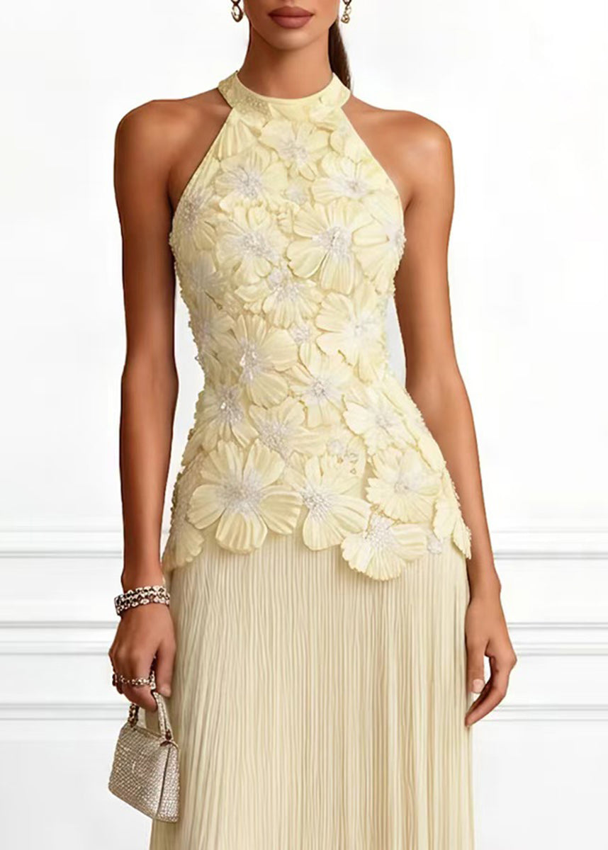 Elegant Yellow Halter Stereoscopic Floral Wrinkled Maxi Dresses Sleeveless
