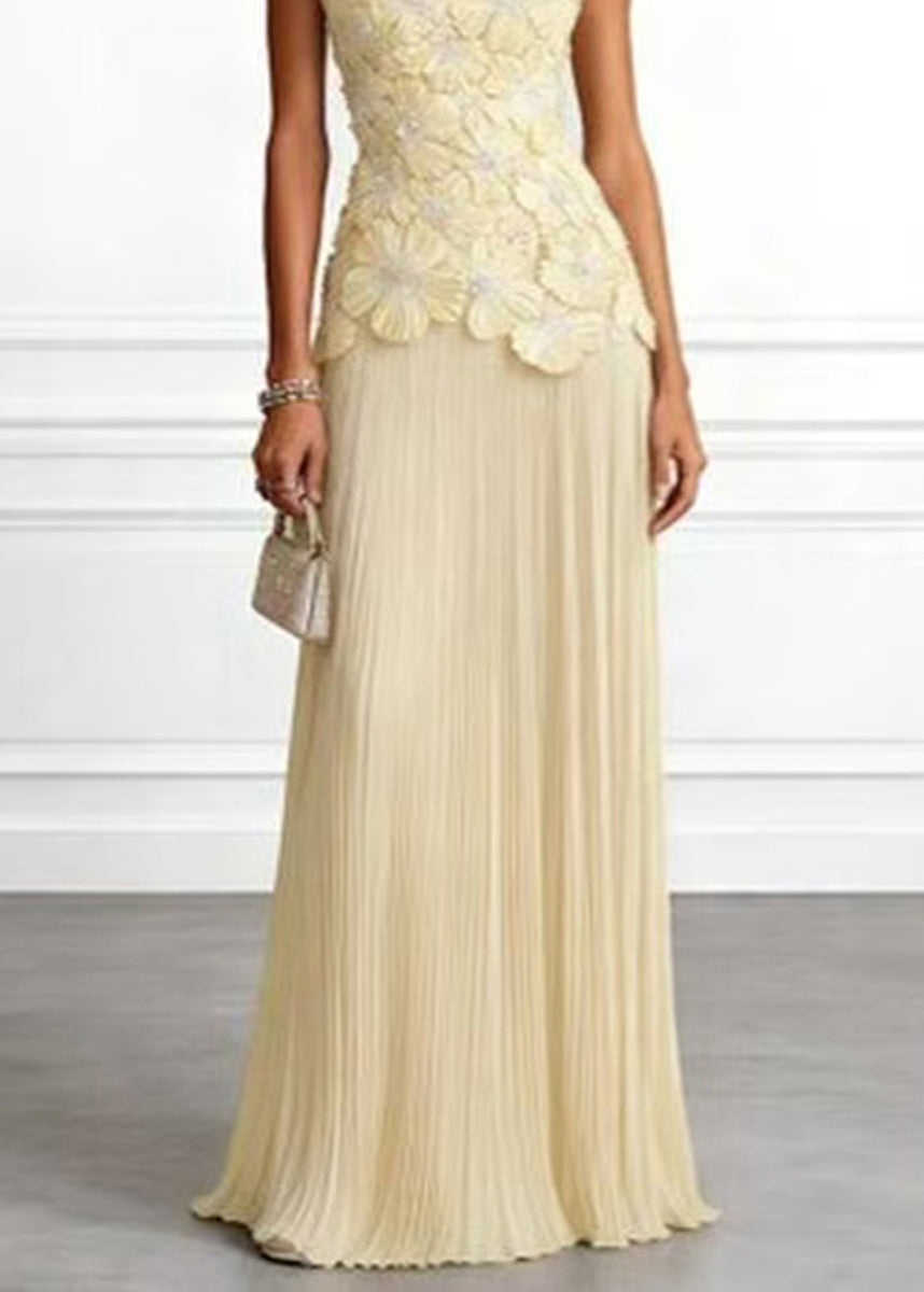 Elegant Yellow Halter Stereoscopic Floral Wrinkled Maxi Dresses Sleeveless