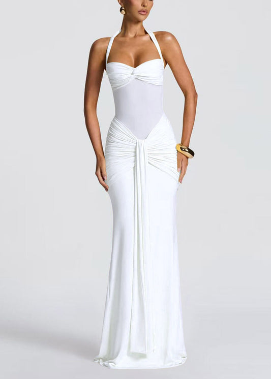 Elegant Yellow Halter Tulle Patchwork Flattering Long Dress Summer