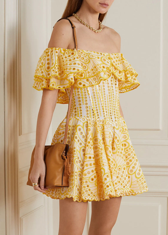 Elegant Yellow Hollow Out Ruffled Print Cotton Mini Dress Summer