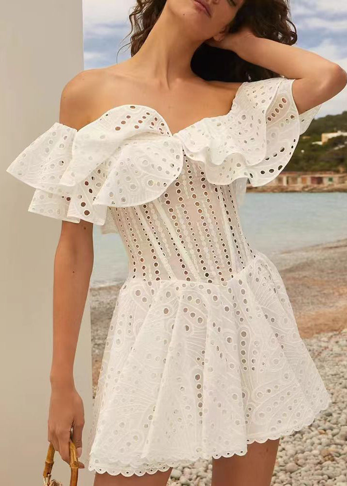 Elegant Yellow Hollow Out Ruffled Print Cotton Mini Dress Summer