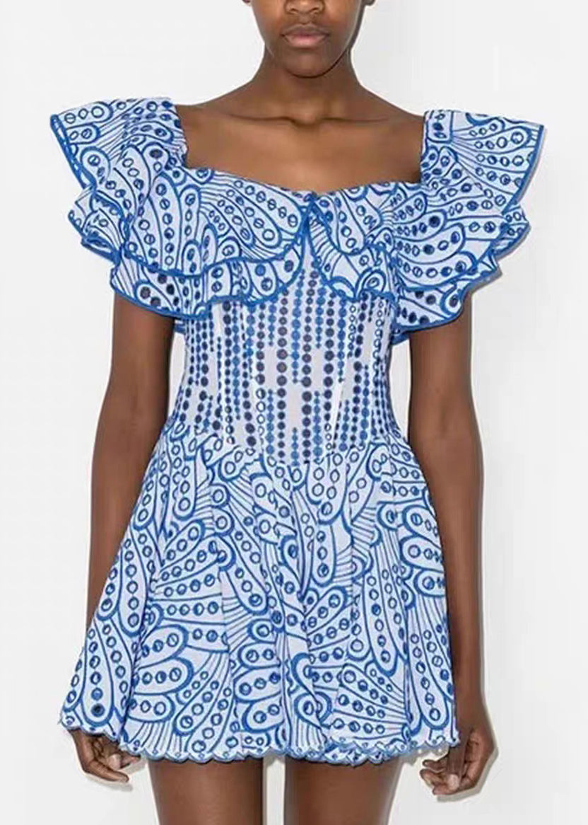 Elegant Yellow Hollow Out Ruffled Print Cotton Mini Dress Summer