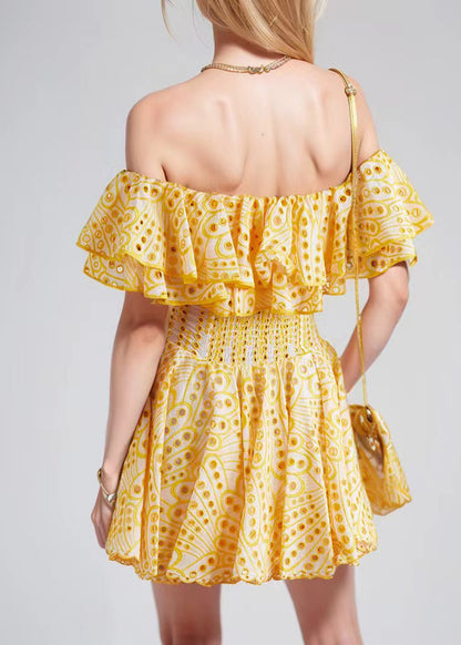 Elegant Yellow Hollow Out Ruffled Print Cotton Mini Dress Summer