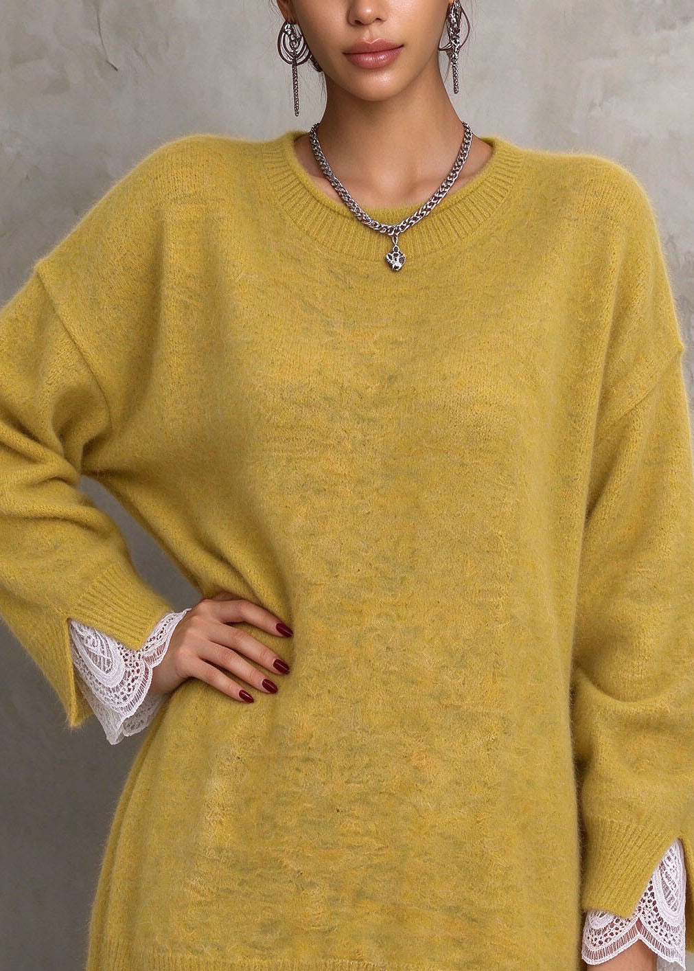 Elegant Yellow O Neck Lace Patchwork Knit Long Sweaters Fall