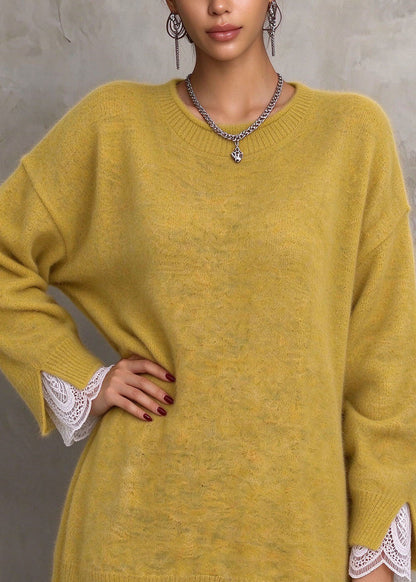 Elegant Yellow O Neck Lace Patchwork Knit Long Sweaters Fall