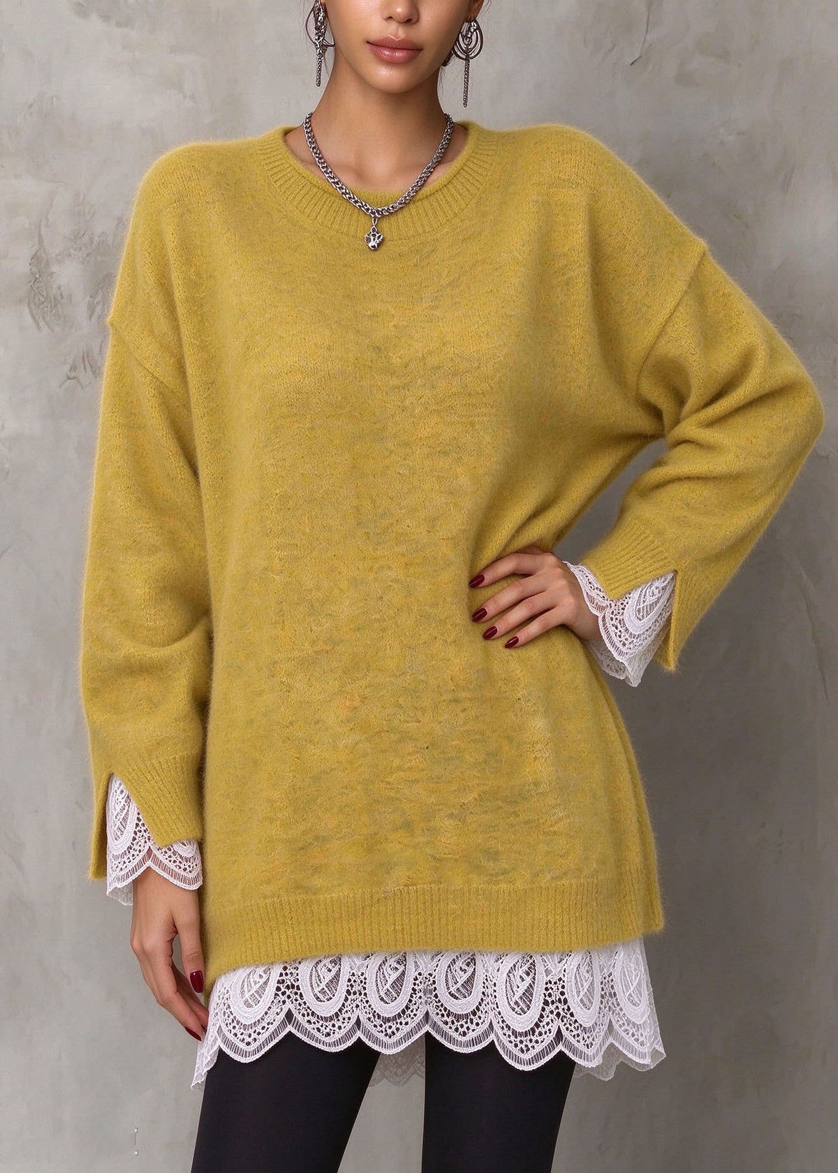 Elegant Yellow O Neck Lace Patchwork Knit Long Sweaters Fall