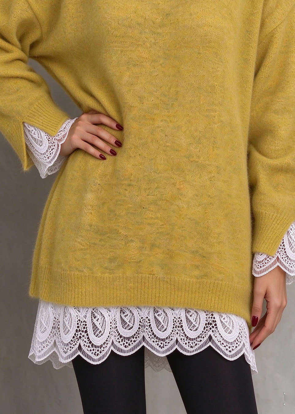 Elegant Yellow O Neck Lace Patchwork Knit Long Sweaters Fall