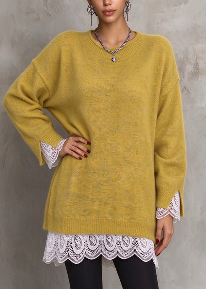 Elegant Yellow O Neck Lace Patchwork Knit Long Sweaters Fall
