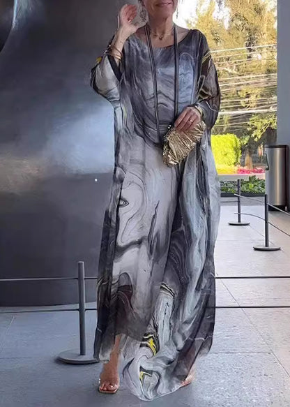 Elegant Yellow O Neck Print Chiffon Long Dress Summer