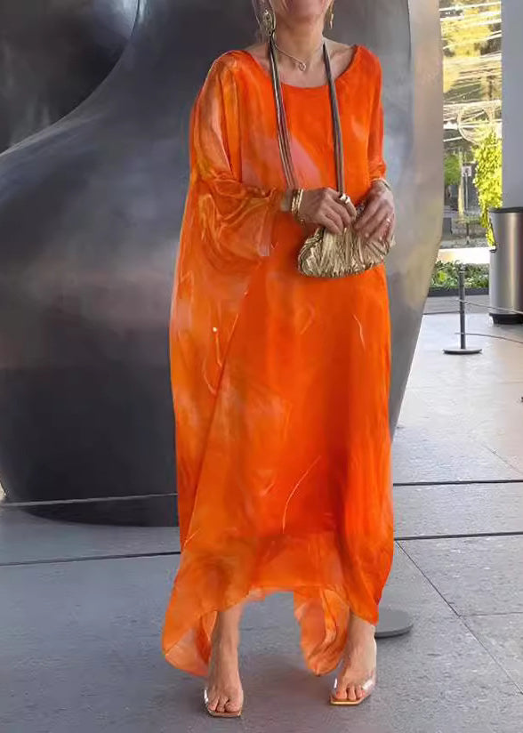 Elegant Yellow O Neck Print Chiffon Long Dress Summer