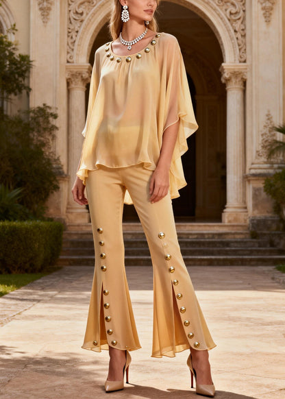 Elegant Yellow O-Neck Rivet Chiffon Top And Flared Trousers Two Piece Set Flare Sleeve