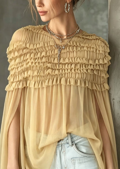 Elegant Yellow O Neck Ruffled Sheer Chiffon Shirt Top Summer