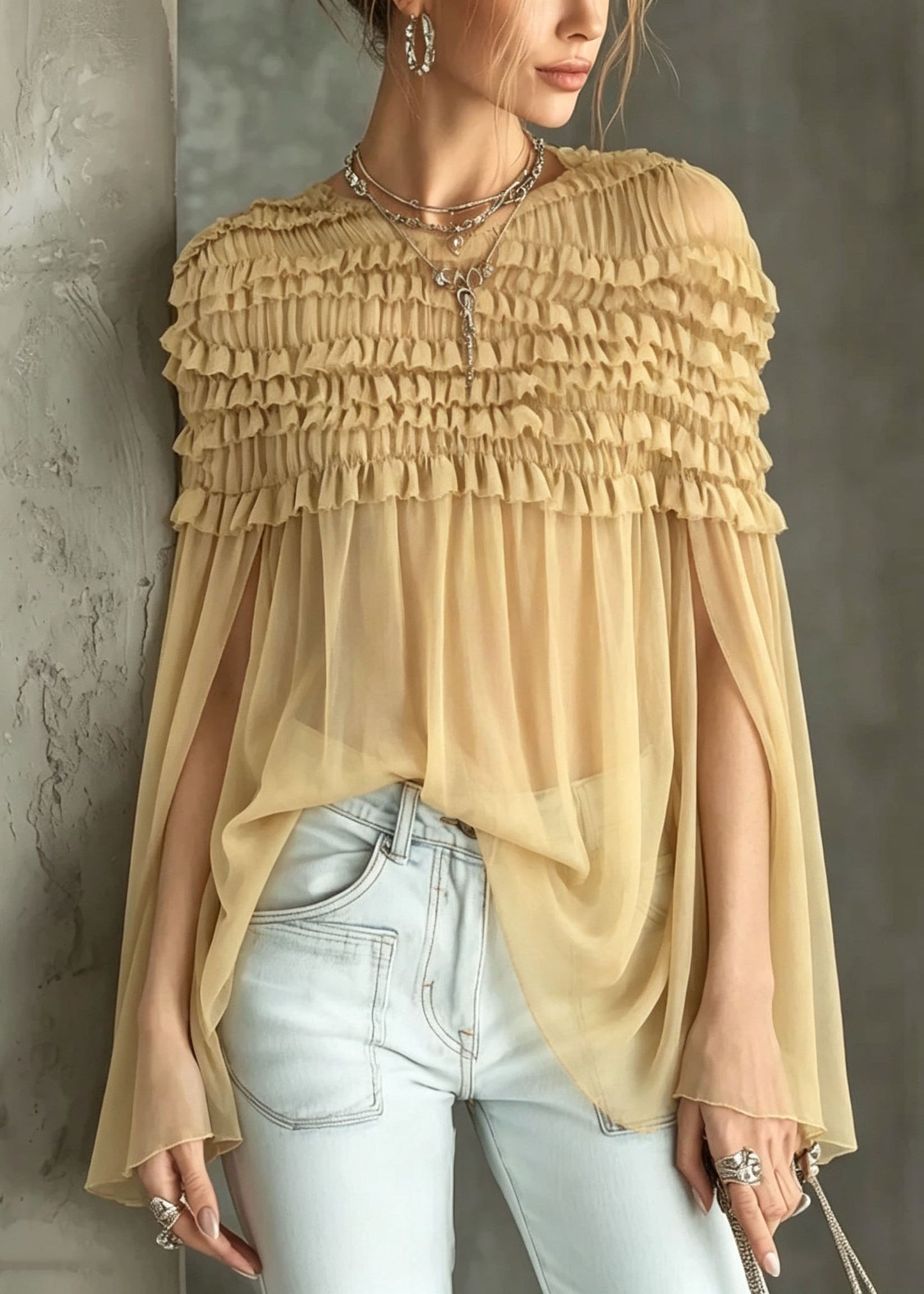 Elegant Yellow O Neck Ruffled Sheer Chiffon Shirt Top Summer