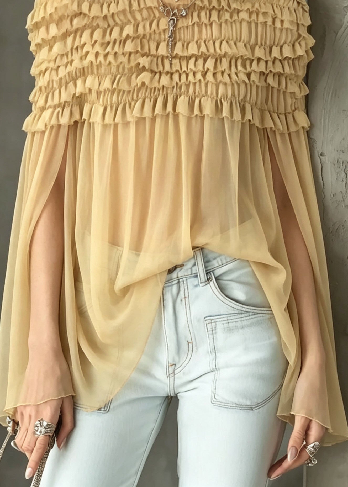 Elegant Yellow O Neck Ruffled Sheer Chiffon Shirt Top Summer