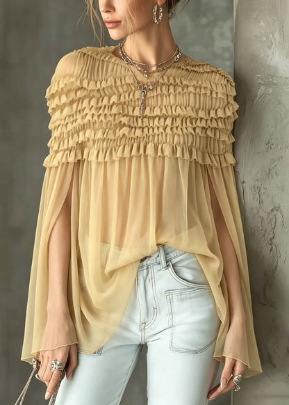 Elegant Yellow O Neck Ruffled Sheer Chiffon Shirt Top Summer