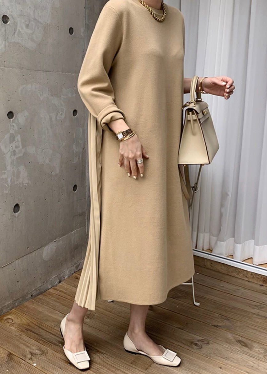 Elegant Yellow O Neck Wrinkled Patchwork Cotton Long Dress Winter