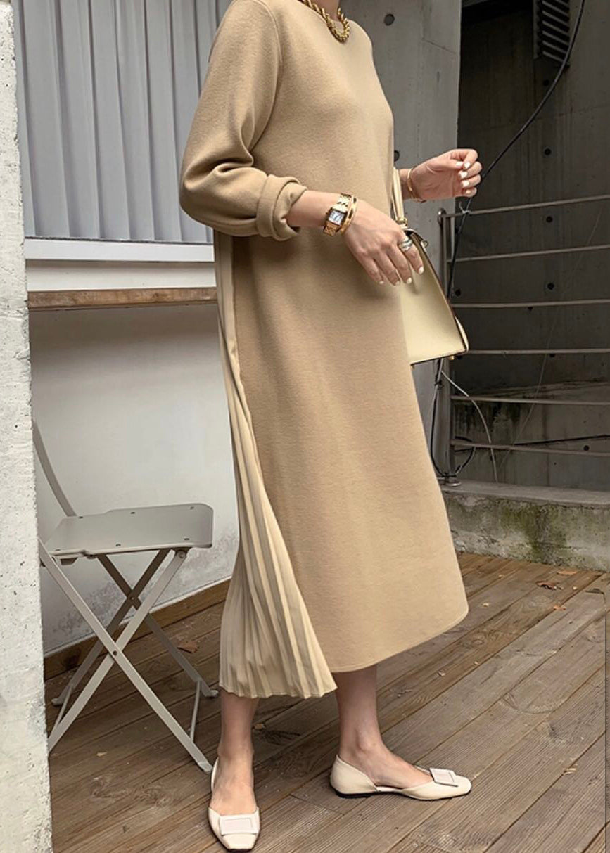 Elegant Yellow O Neck Wrinkled Patchwork Cotton Long Dress Winter