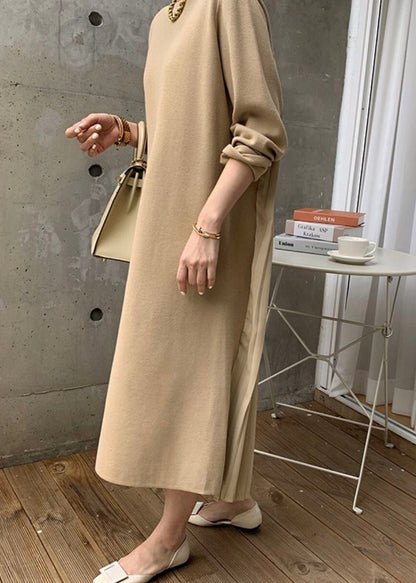 Elegant Yellow O Neck Wrinkled Patchwork Cotton Long Dress Winter
