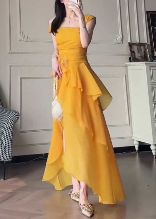 Elegant Yellow One Shoulder Asymmetrical Patchwork Solid Long Dress Summer