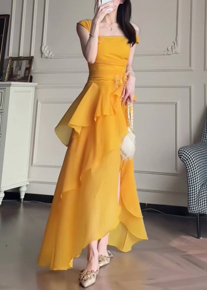 Elegant Yellow One Shoulder Asymmetrical Patchwork Solid Long Dress Summer