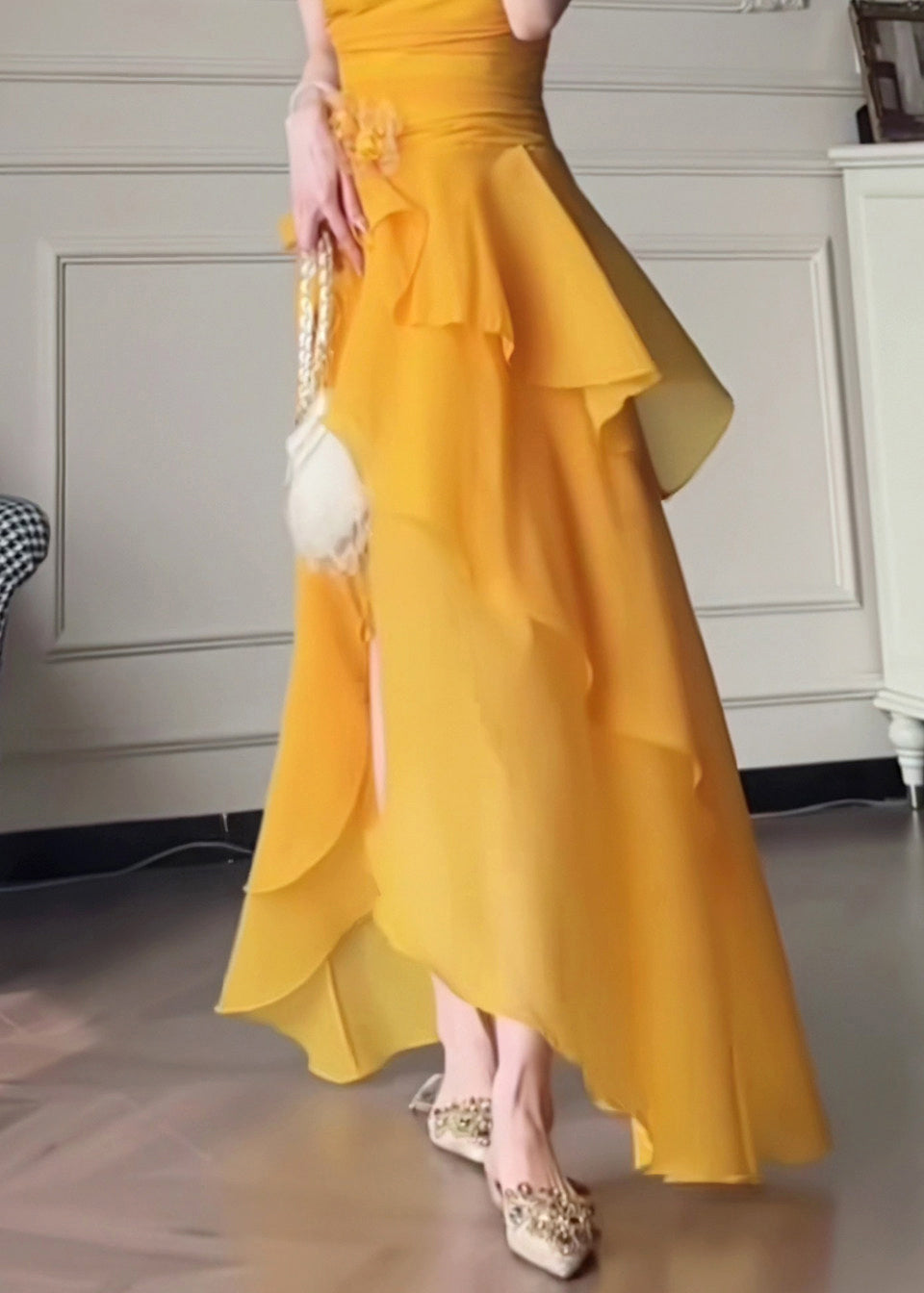 Elegant Yellow One Shoulder Asymmetrical Patchwork Solid Long Dress Summer