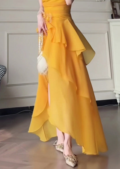 Elegant Yellow One Shoulder Asymmetrical Patchwork Solid Long Dress Summer