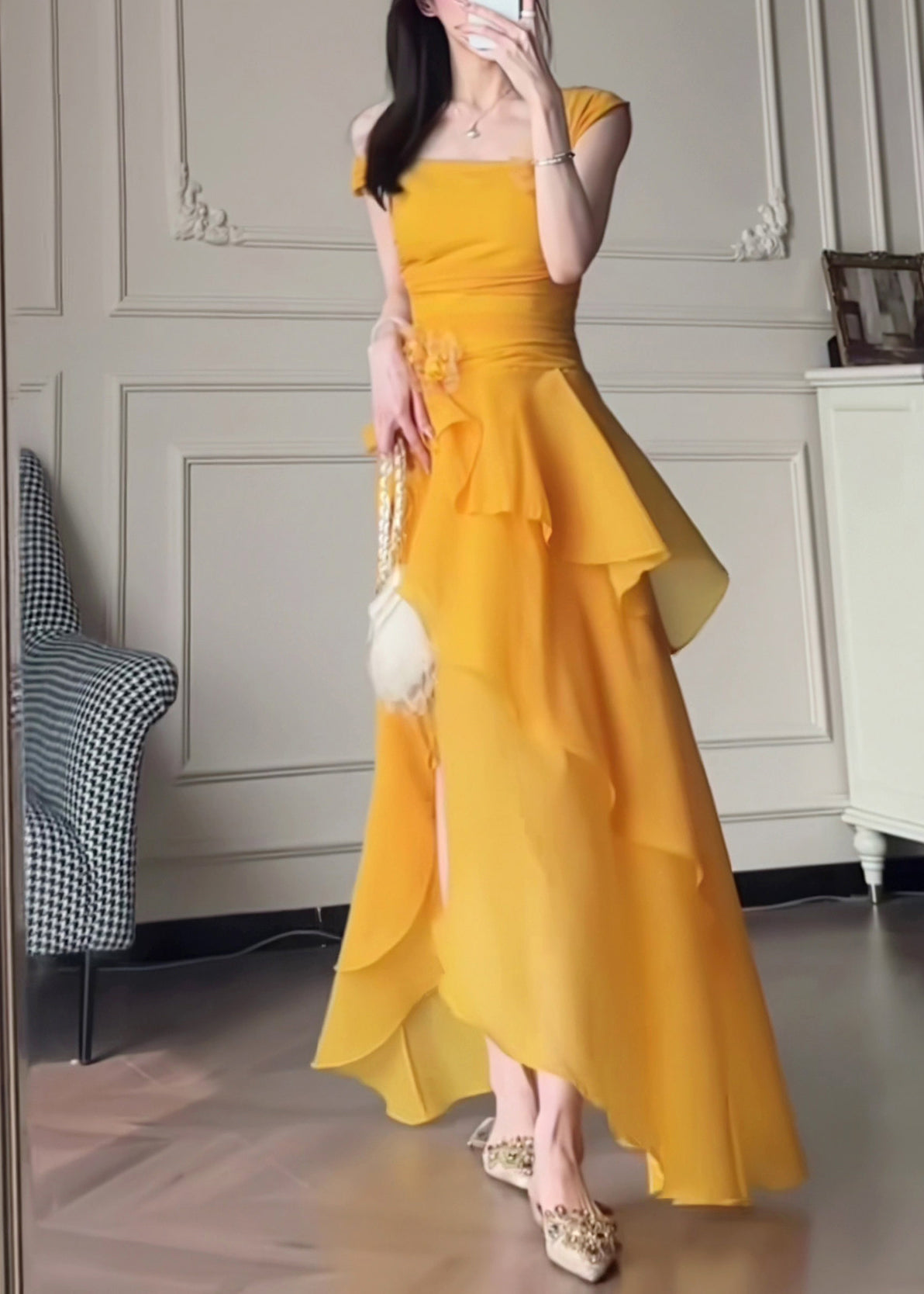 Elegant Yellow One Shoulder Asymmetrical Patchwork Solid Long Dress Summer