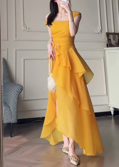 Elegant Yellow One Shoulder Asymmetrical Patchwork Solid Long Dress Summer
