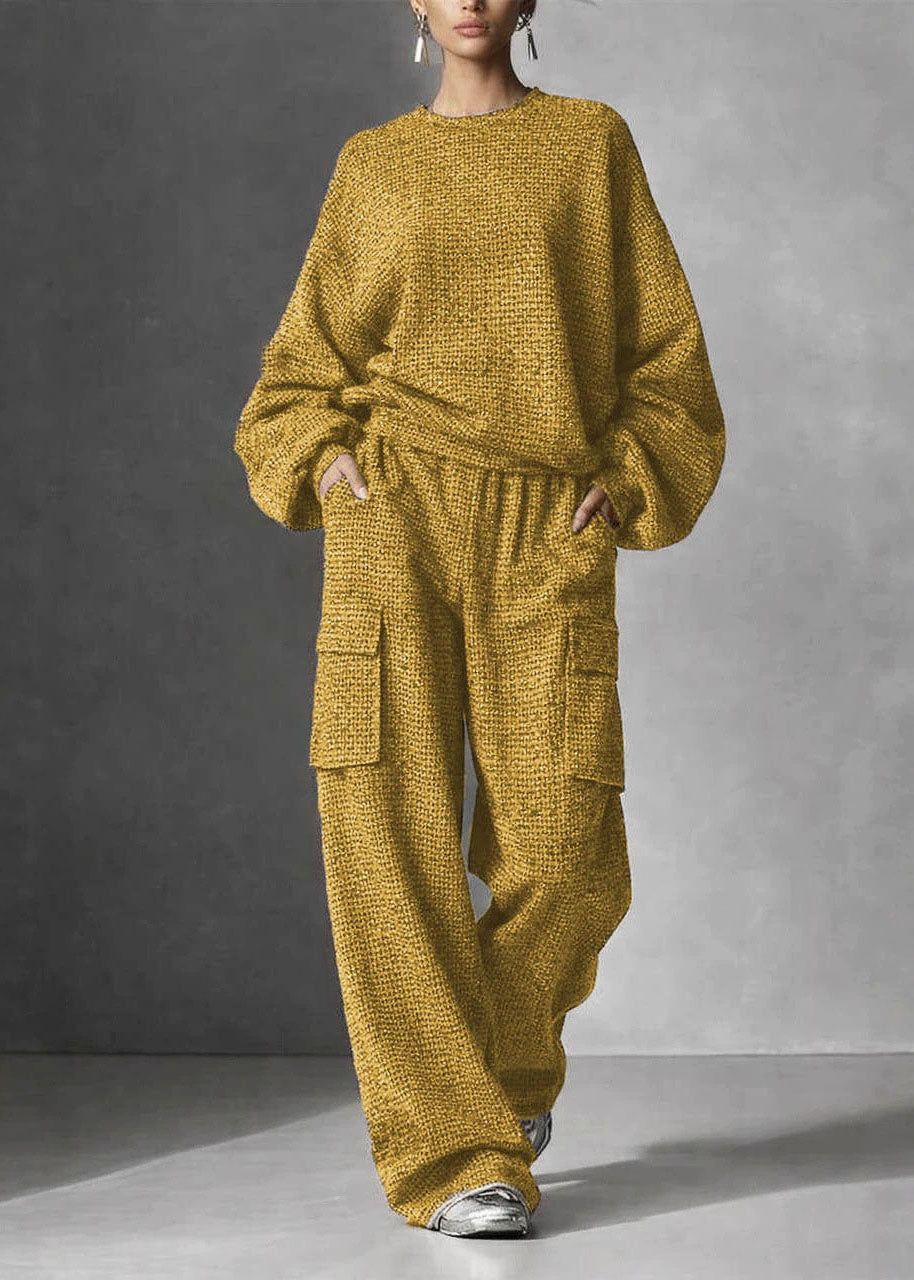 Elegant Yellow Oversized Pockets Cotton Two Piece Set Fall