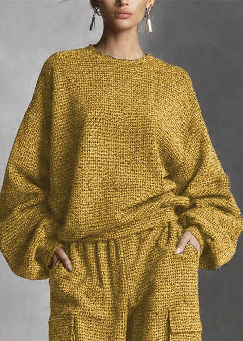 Elegant Yellow Oversized Pockets Cotton Two Piece Set Fall