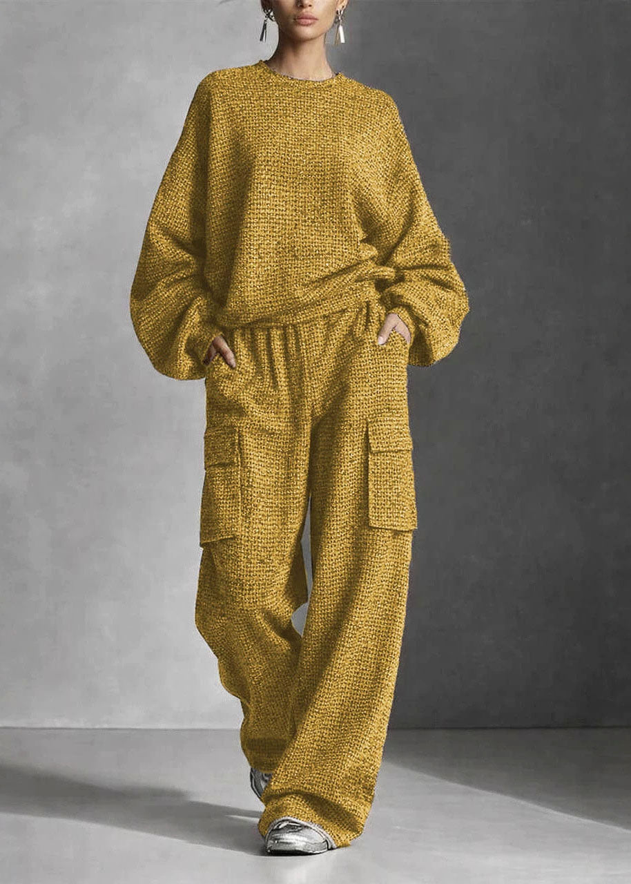 Elegant Yellow Oversized Pockets Cotton Two Piece Set Fall