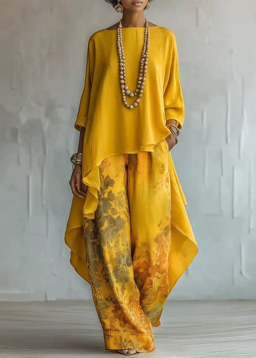 Elegant Yellow Oversized Print Cotton Two Pieces Set Fall