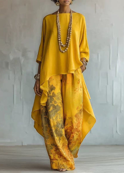 Elegant Yellow Oversized Print Cotton Two Pieces Set Fall