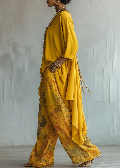 Elegant Yellow Oversized Print Cotton Two Pieces Set Fall
