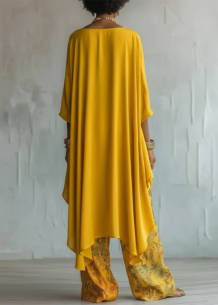 Elegant Yellow Oversized Print Cotton Two Pieces Set Fall