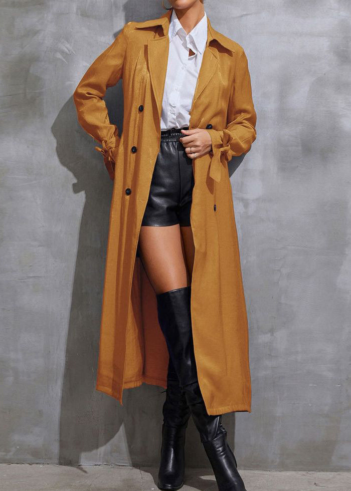 Elegant Yellow Peter Pan Collar Pockets Tie Waist Long Trench Fall