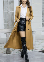 Elegant Yellow Peter Pan Collar Pockets Tie Waist Long Trench Fall