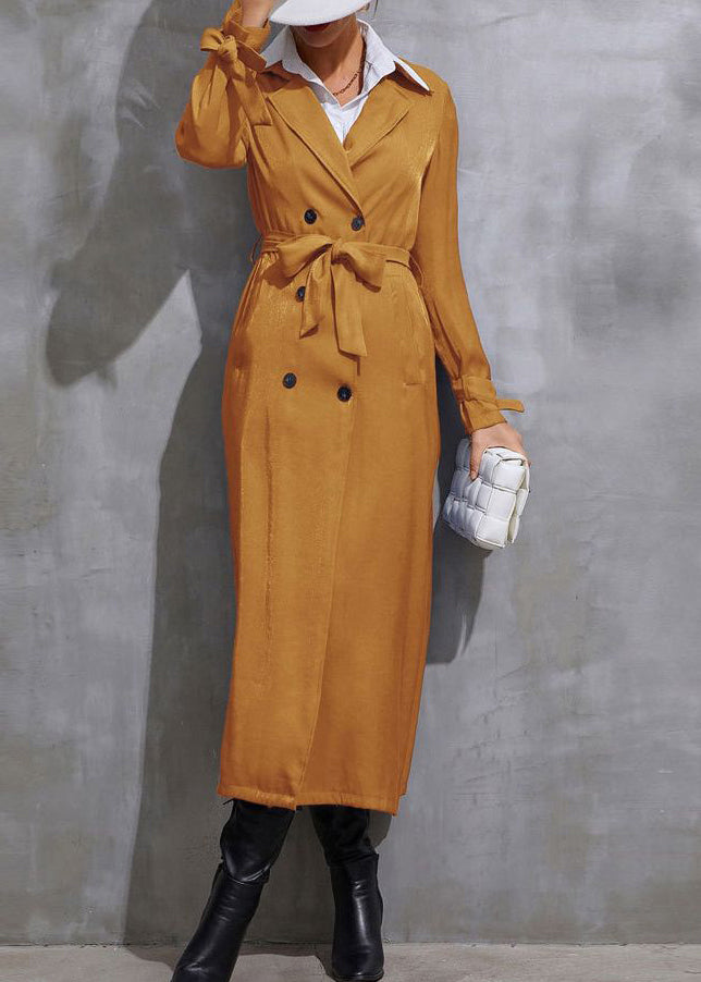 Elegant Yellow Peter Pan Collar Pockets Tie Waist Long Trench Fall