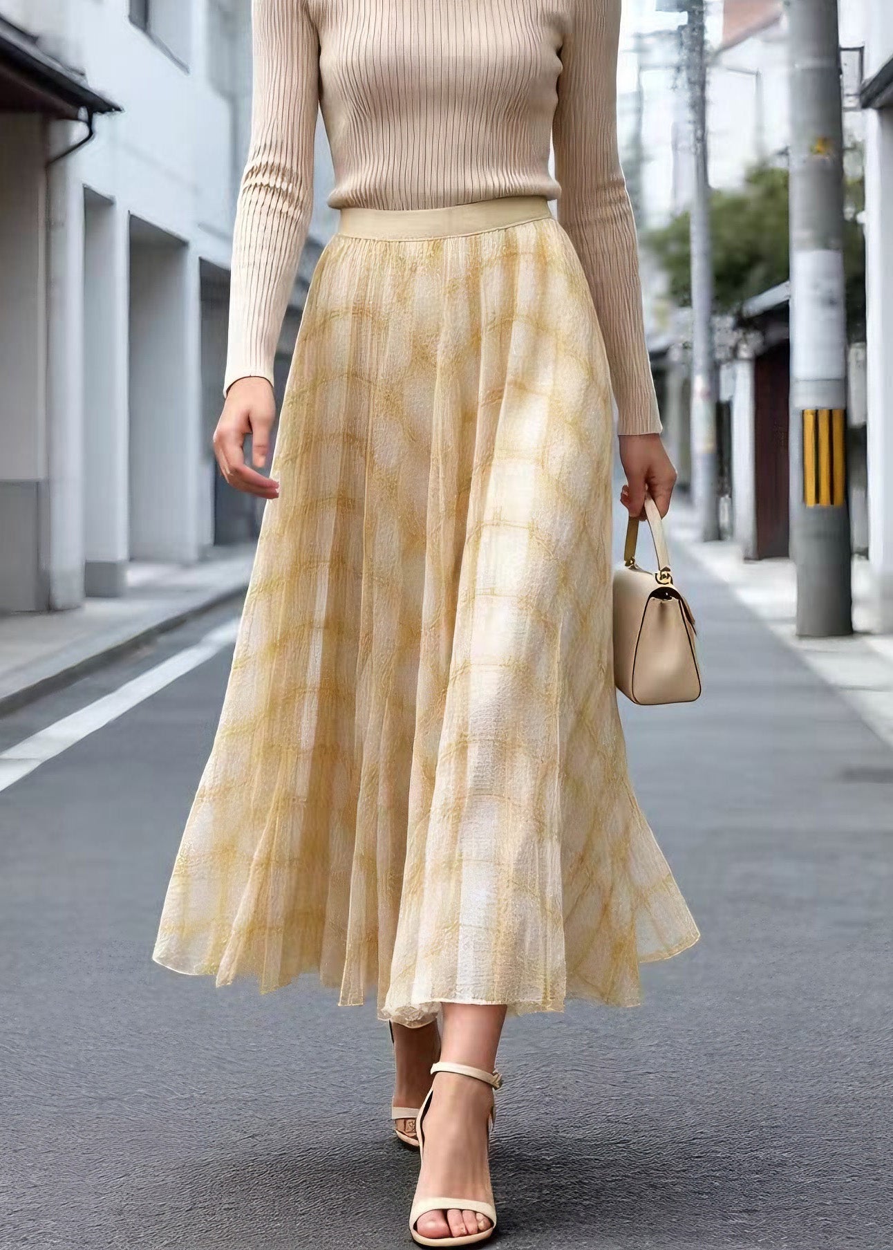 Elegant Yellow Plaid Wrinkled Tulle Skirt Summer