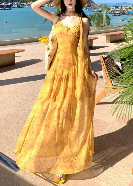 Elegant Yellow Print Exra Large Hem Cotton Vacation Dress Summer