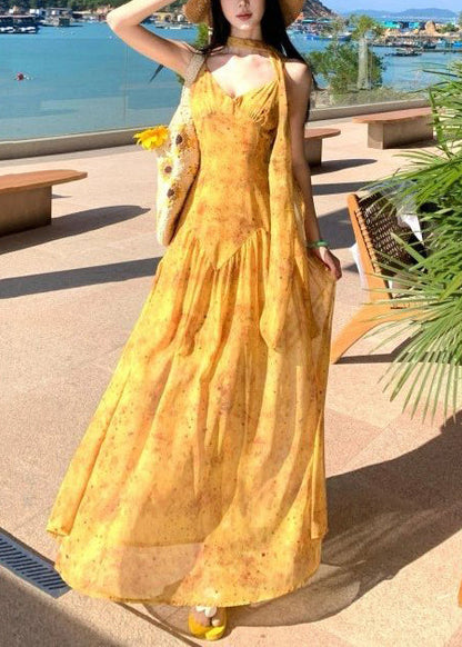 Elegant Yellow Print Exra Large Hem Cotton Vacation Dress Summer