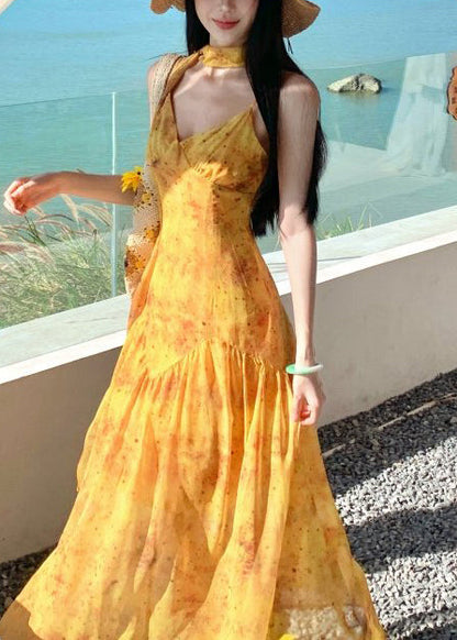 Elegant Yellow Print Exra Large Hem Cotton Vacation Dress Summer